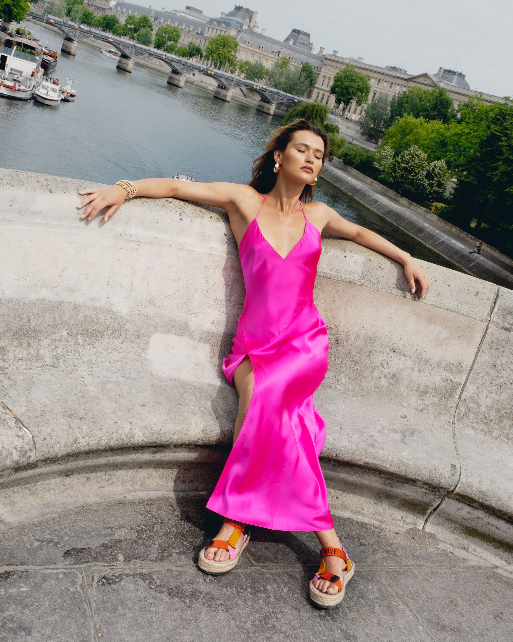 Hot Fuchsia High Slit Deep V Halter Maxi