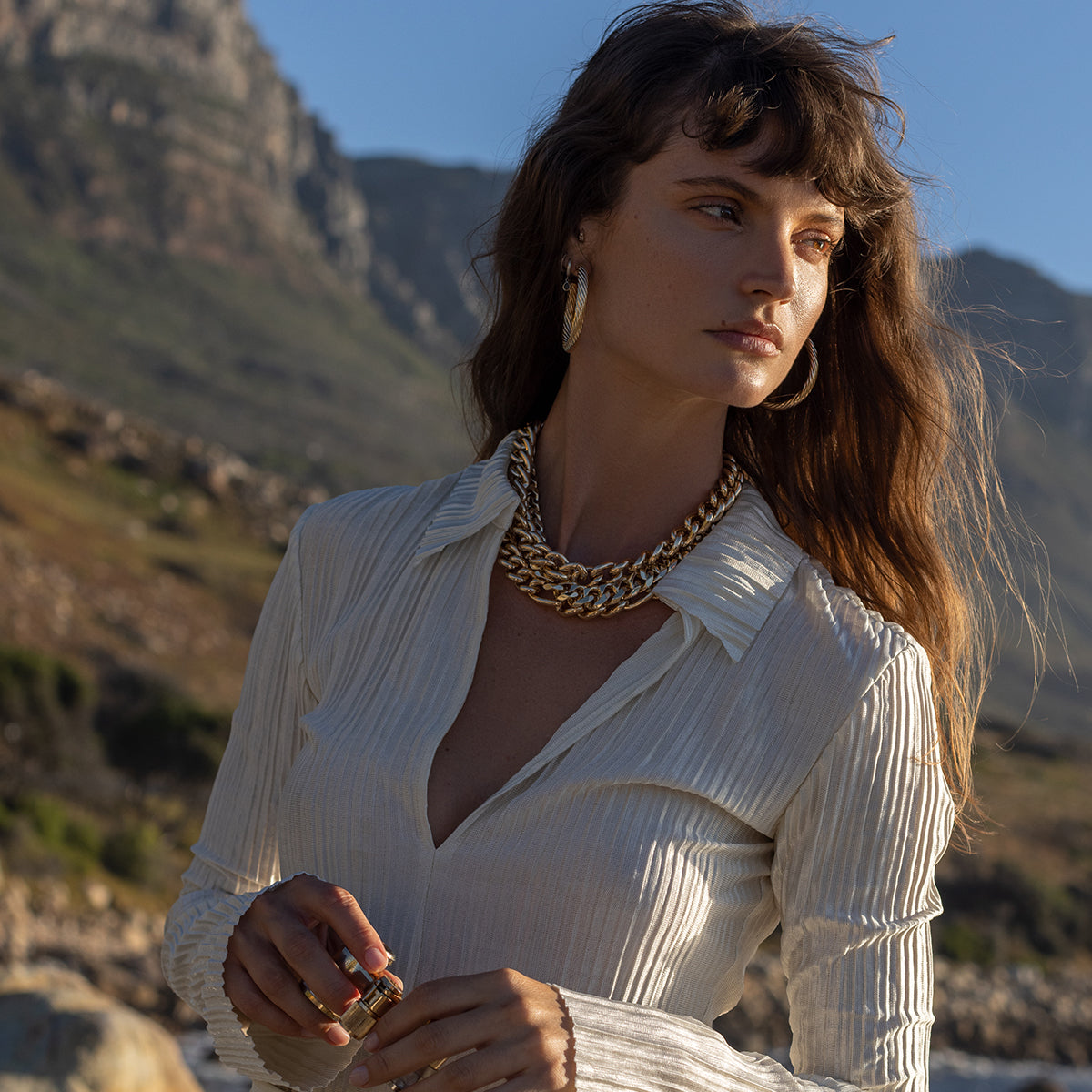 Pearl White Long Sleeve Pleated Polo Top